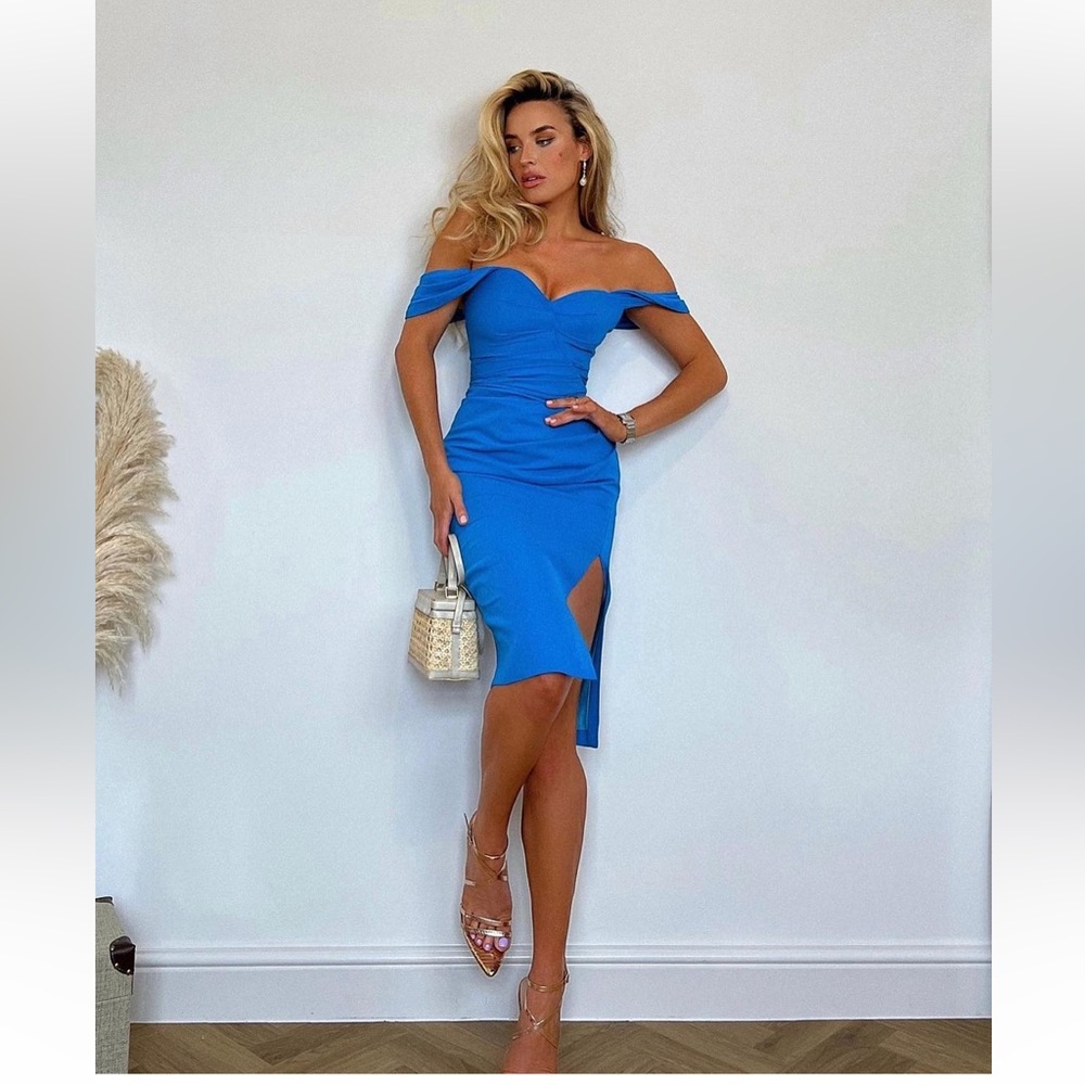 NEW SEASON stunning Lavish Alice pleated off shoulder midi dress in blue